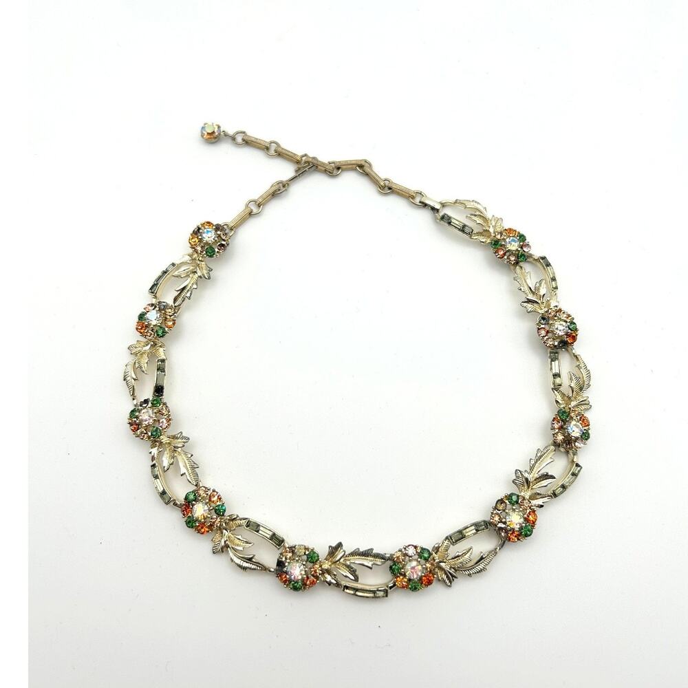 Vintage Coro Rhinestone Floral Choker Necklace Signed Gold Tone - As Is READ